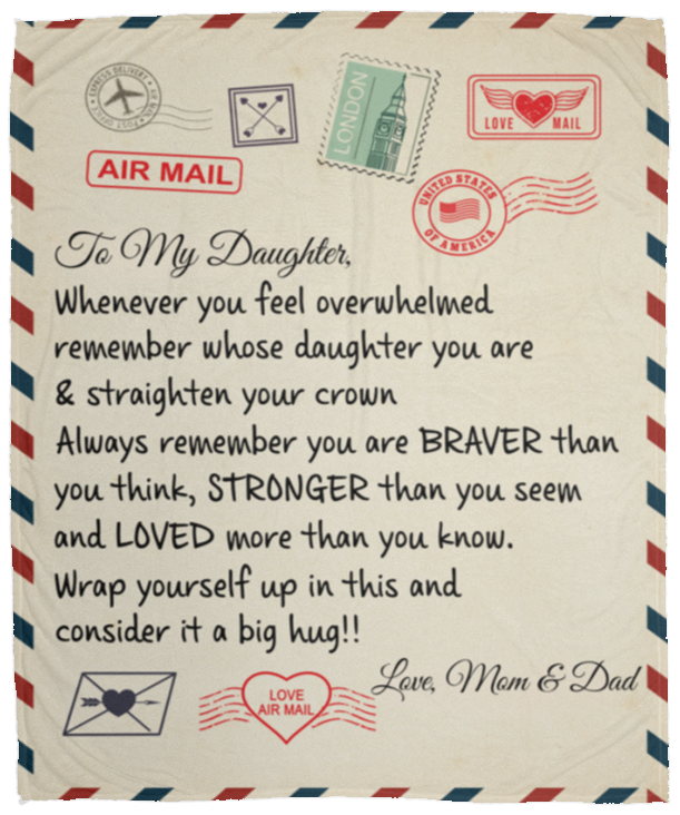 TO MY DAUGHTER COZY PLUSH POSTCARD BLANKET FROM MOM AND DAD