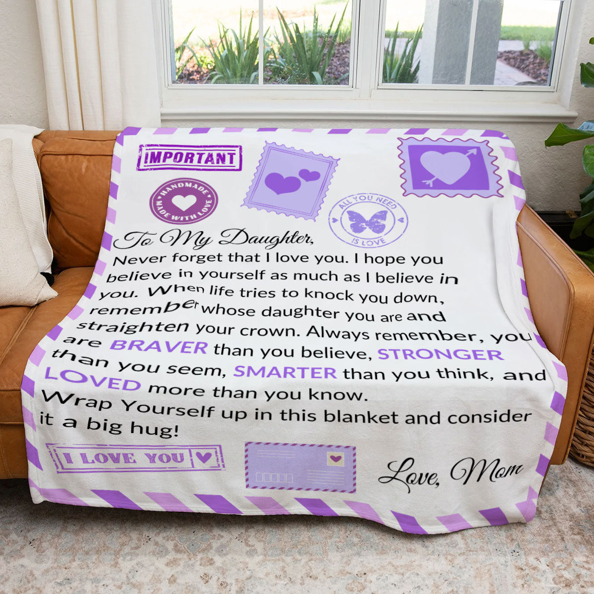 TO MY DAUGHTER COZY PLUSH POSTCARD BLANKET FROM MOM|NEVER FORGET I LOVE YOU (Choose Your Color)