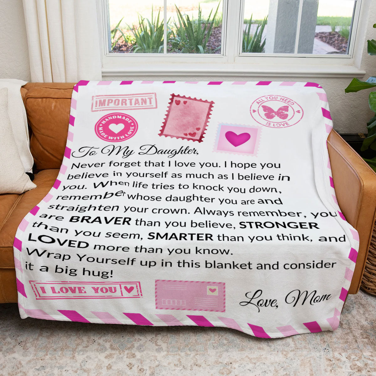 TO MY DAUGHTER COZY PLUSH POSTCARD BLANKET FROM MOM|NEVER FORGET I LOVE YOU (Choose Your Color)
