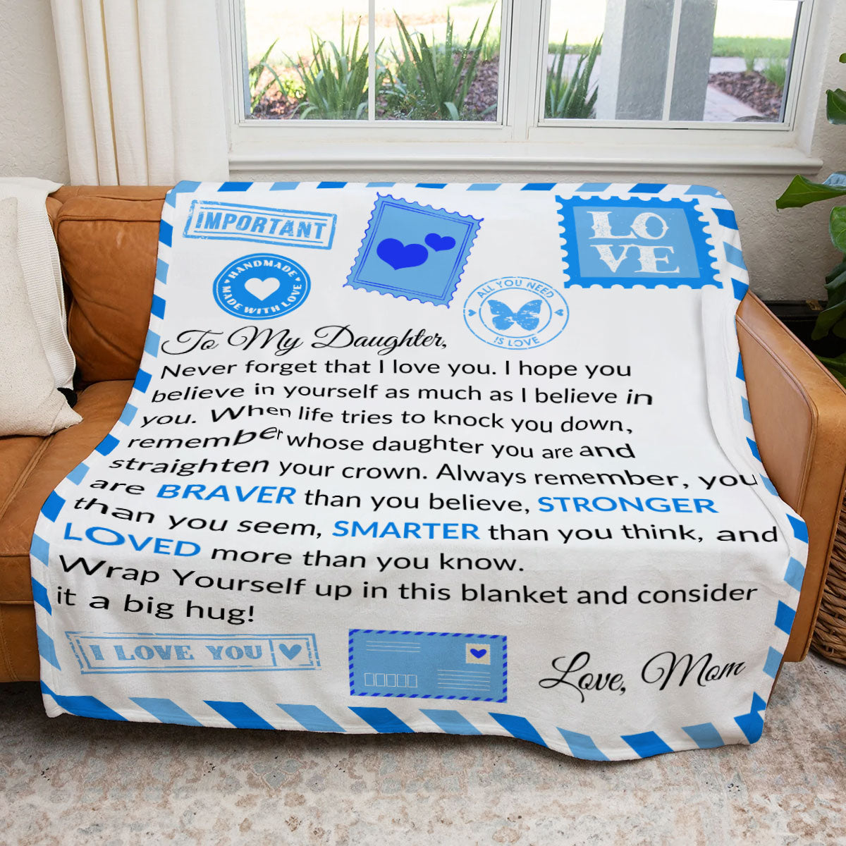 TO MY DAUGHTER COZY PLUSH POSTCARD BLANKET FROM MOM|NEVER FORGET I LOVE YOU (Choose Your Color)