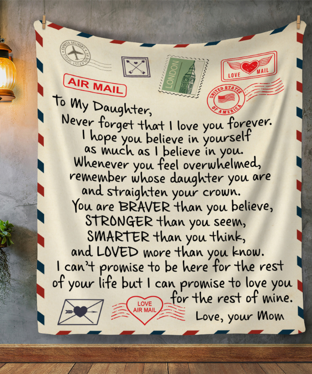 TO MY DAUGHTER COZY PLUSH POSTCARD BLANKET FROM MOM-NEVER FORGET I LOVE YOU
