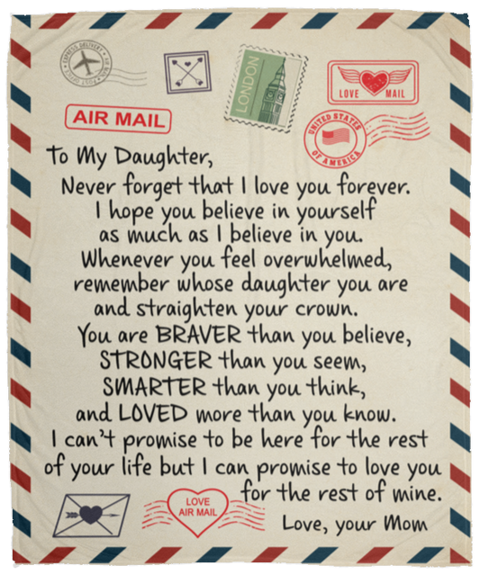 TO MY DAUGHTER COZY PLUSH POSTCARD BLANKET FROM MOM-NEVER FORGET I LOVE YOU