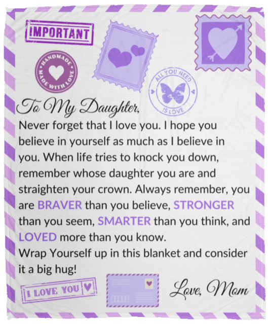 TO MY DAUGHTER COZY PLUSH BLANKET FROM MOM|NEVER FORGET I LOVE YOU (PURPLE)