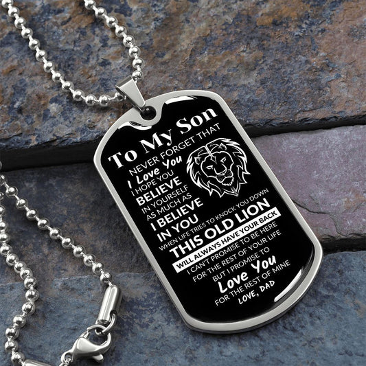 TO MY SON FROM DAD|THIS OLD LION HAS YOUR BACK DOG TAG NECKLACE