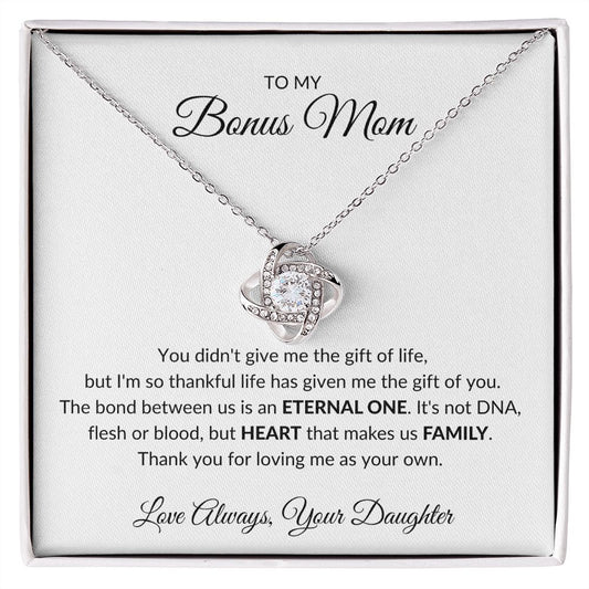 TO MY BONUS MOM LOVE KNOT NECKLACE FROM YOUR DAUGHTER
