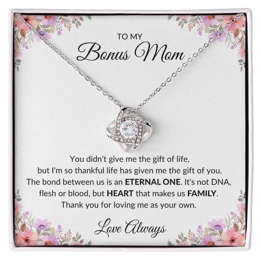 TO MY BONUS MOM LOVE KNOT FLOWER NECKLACE