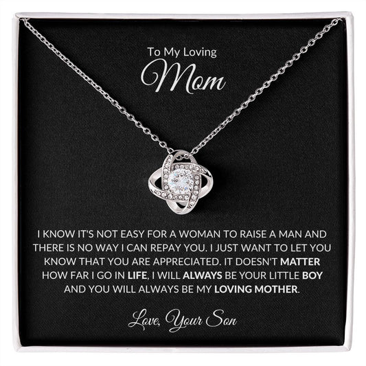 TO MY LOVING MOM LOVE KNOT NECKLACE (BLACK BACKGROUND)